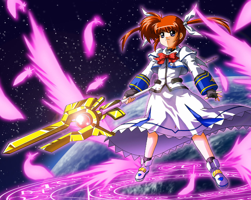artist_request black_gloves bow capelet clenched_hands closed_mouth determined expressionless feathers fingerless_gloves floating full_body gloves holding holding_weapon long_skirt long_sleeves lyrical_nanoha magazine_(weapon) magic_circle magical_girl mahou_shoujo_lyrical_nanoha mahou_shoujo_lyrical_nanoha_a's planet polearm purple_eyes raising_heart red_bow red_hair shoes skirt solo space takamachi_nanoha twintails uniform weapon winged_shoes wings