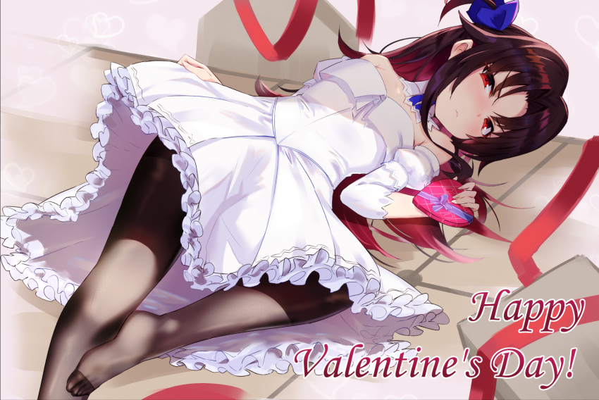1girl bangs bare_shoulders black_legwear blue_bow blush bow box brown_hair closed_mouth commentary_request detached_sleeves dress eyebrows_visible_through_hair frilled_dress frills gift gift_box gradient_hair hair_between_eyes hair_bow happy_valentine heart heart-shaped_box holding holding_gift kakumayu long_sleeves lying multicolored_hair no_shoes on_back one_side_up pantyhose parted_bangs puffy_short_sleeves puffy_sleeves red_eyes red_hair red_ribbon ribbon ryuuou_no_oshigoto! short_over_long_sleeves short_sleeves solo strapless strapless_dress valentine white_dress white_sleeves yashajin_ai
