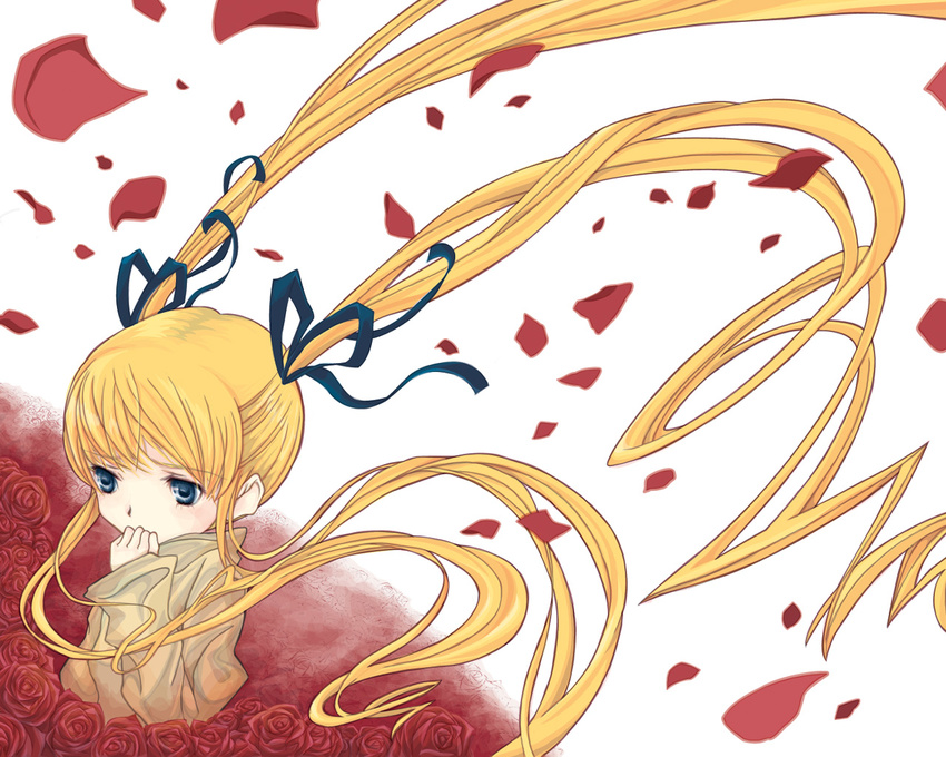 blonde_hair bow flower hair_bow long_hair long_sleeves otoufu petals red_flower red_rose rose rose_petals rozen_maiden shinku solo twintails white_background