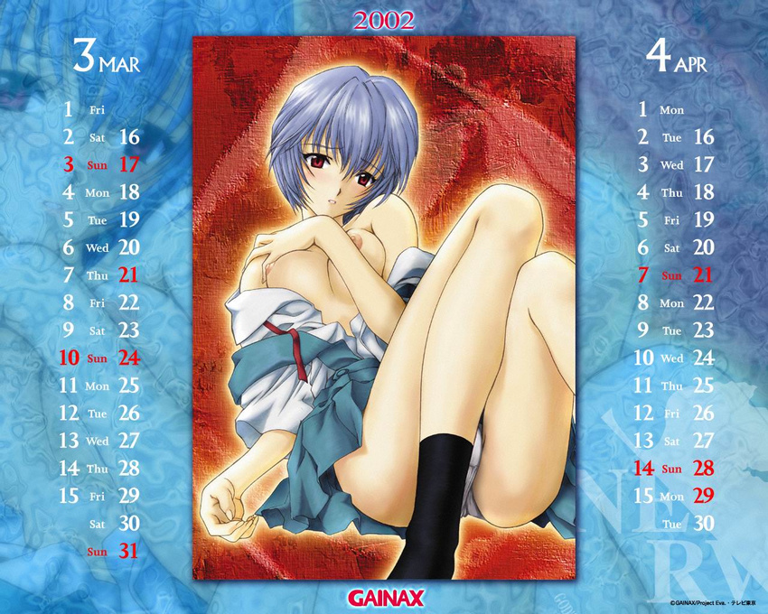 2002 april ayanami_rei bangs bare_shoulders black_legwear blue_hair blush breast_press breasts buttons calendar_(medium) dated embarrassed gainax_calendar hair_between_eyes hand_on_own_chest head_tilt legs looking_at_viewer march necktie neon_genesis_evangelion nerv nipples no_bra non-web_source off_shoulder official_art open_clothes open_shirt panties pantyshot pantyshot_(sitting) parted_lips pleated_skirt puffy_nipples reclining red_eyes school_uniform shirt short_hair sitting skirt small_breasts socks solo stripping_instrumentality suspender_skirt suspenders underwear undressing untied utatane_hiroyuki wallpaper watermark white_panties zoom_layer