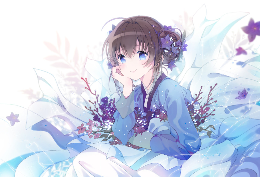 1girl arm_support bangs blue_eyes brown_hair closed_mouth commentary_request double_bun eyebrows_visible_through_hair flower hair_between_eyes hair_flower hair_ornament hanbok highres korean_clothes long_sleeves original purple_flower red_flower rednian side_bun sidelocks sitting skirt smile solo white_background white_skirt