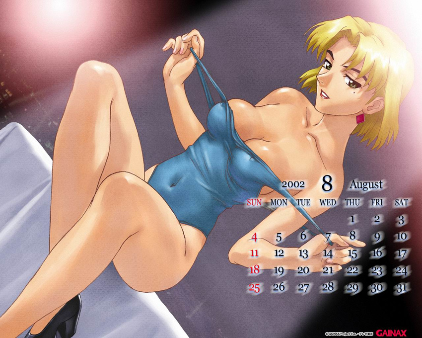 2002 akagi_ritsuko artist_request august breasts calendar_(medium) covered_nipples gainax_calendar medium_breasts mole mole_under_eye neon_genesis_evangelion one-piece_swimsuit solo stripping_instrumentality swimsuit