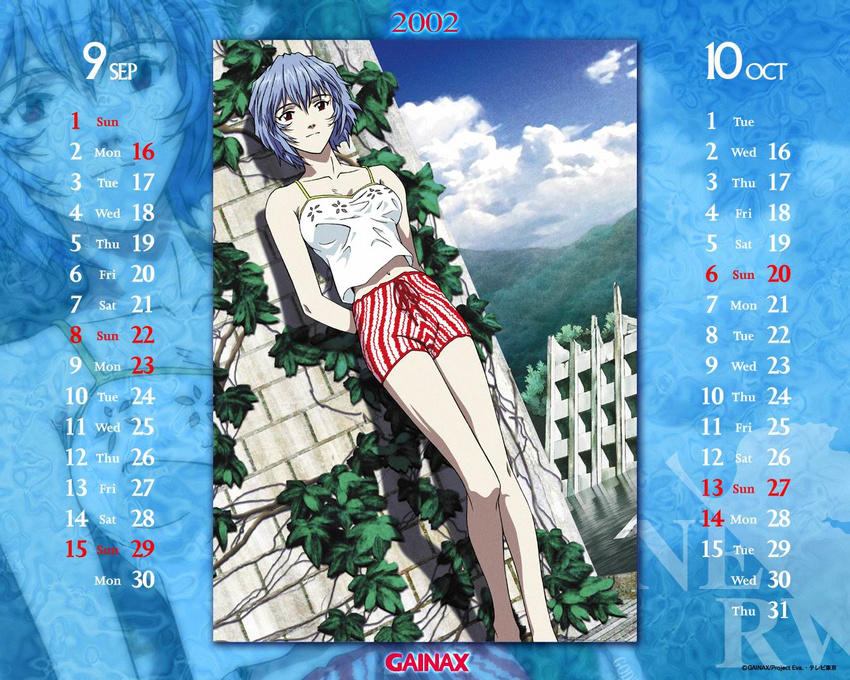 2002 against_wall arms_behind_back ayanami_rei bangs bare_shoulders blue_hair breasts brick building calendar_(medium) camisole casual cloud crop_top dated day dutch_angle gainax_calendar hair_between_eyes leaf legs looking_at_viewer masayuki_(gainax) medium_breasts midriff mountain nature navel neon_genesis_evangelion nerv non-web_source october official_art outdoors plant ribbon september shadow short_hair short_shorts shorts sky smile solo standing striped striped_shorts tree vertical-striped_shorts vertical_stripes vines wallpaper water watermark zoom_layer
