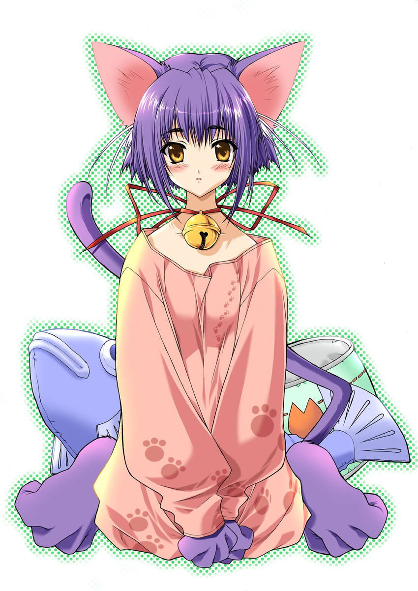 animal_ears bell cat_ears copyright_request fish highres jingle_bell long_sleeves ribbon solo suzuhira_hiro