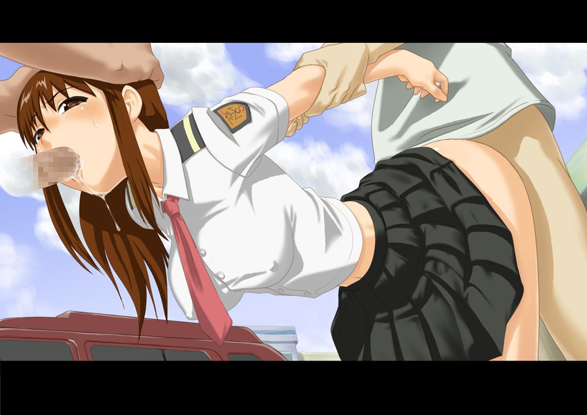 2boys arm_grab arm_held_back artist_request ass bent_over breasts brown_eyes brown_hair censored clothed_sex covered_nipples doggystyle doi_shizuha fellatio gangbang group_sex hands_on_another's_head head_grab hetero highres large_breasts letterboxed meteor_sweepers_uniform midriff mosaic_censoring multiple_boys navel necktie oral penis rape saliva school_uniform sex skirt solo_focus spitroast stratos_4 tears vaginal