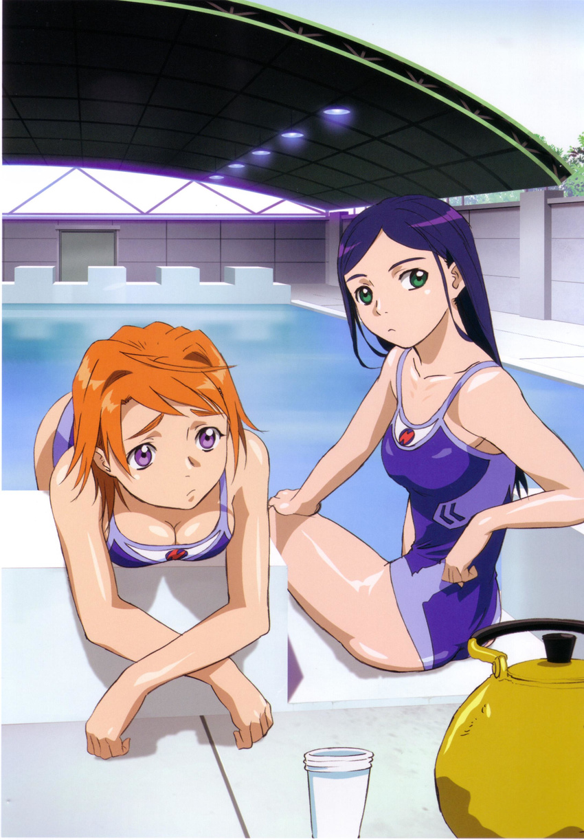 absurdres bent_over blue_swimsuit breast_rest breasts cleavage crossed_arms day diving_block fuuka_academy_swimsuit highres hisayuki_hirokazu kettle kuga_natsuki looking_back medium_breasts multiple_girls my-hime official_art one-piece_swimsuit outdoors pool poolside school_swimsuit skinny starting_block swimsuit tokiha_mai