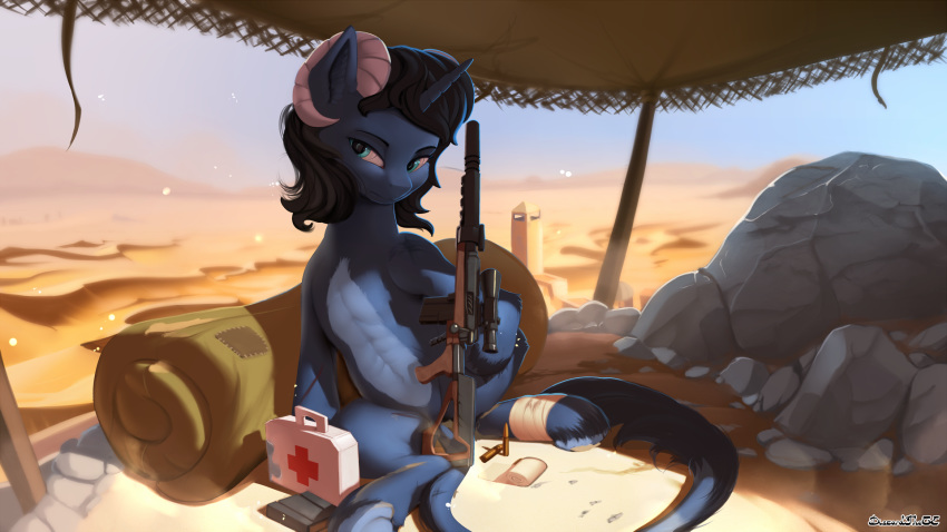 2019 ambiguous_gender bandage blue_eyes blue_fur bullet caprine curved_horn day detailed_background digital_media_(artwork) discordthege equine fan_character feral fur goat gun hair holding_object holding_weapon horn hybrid mammal medkit my_little_pony outside ranged_weapon solo unicorn weapon