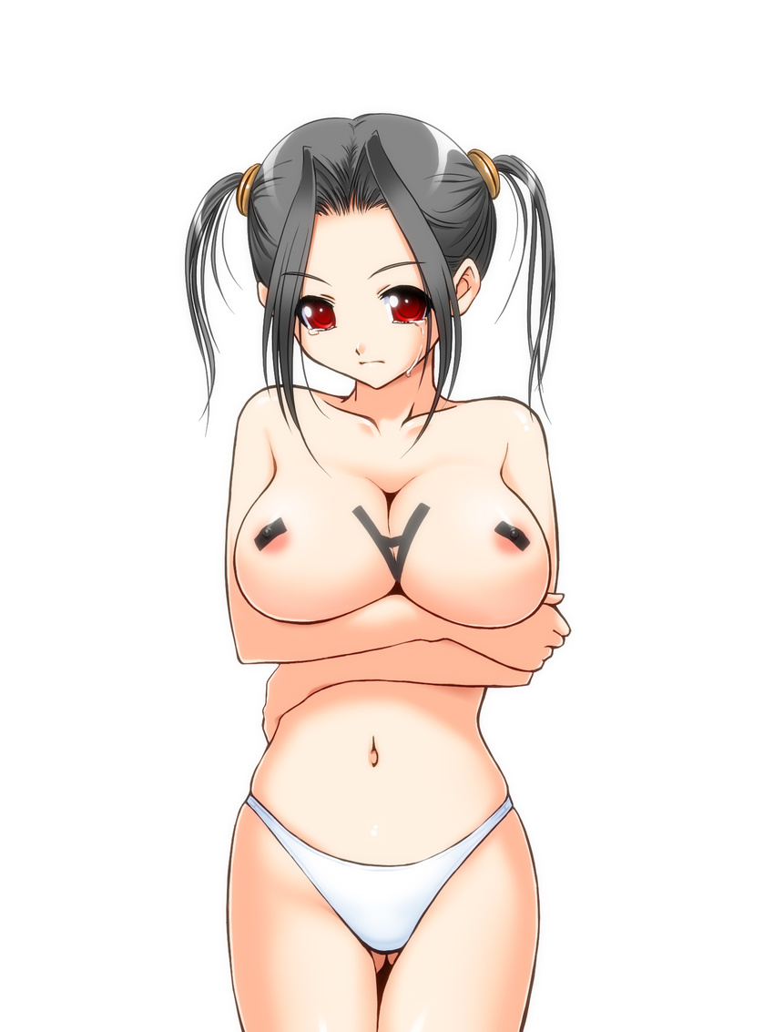2ch ascii_art black_hair breast_hold breasts covered_nipples fugetsu_taku highres large_breasts navel original panties pasties red_eyes short_twintails solo standing tape tears topless twintails underwear underwear_only white_panties