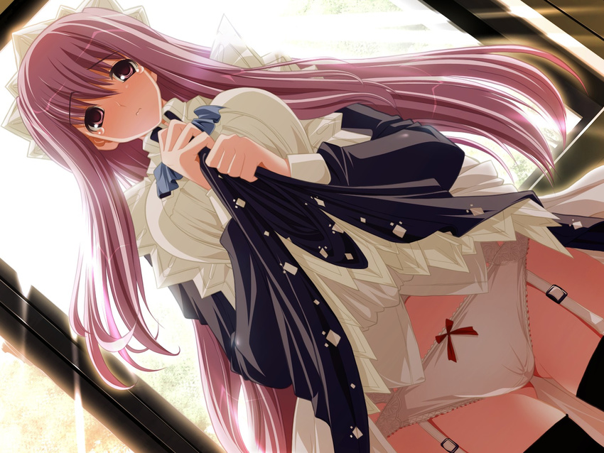 black_legwear blush bow bow_panties breasts dutch_angle game_cg garter_belt grabbing groin hakugin_no_soleil headdress highres lace lace-trimmed_panties large_breasts lingerie long_hair long_sleeves maid non-web_source panties pink_eyes pink_hair purple_hair skirt skirt_lift solo sunlight tears thighhighs underwear white_panties window