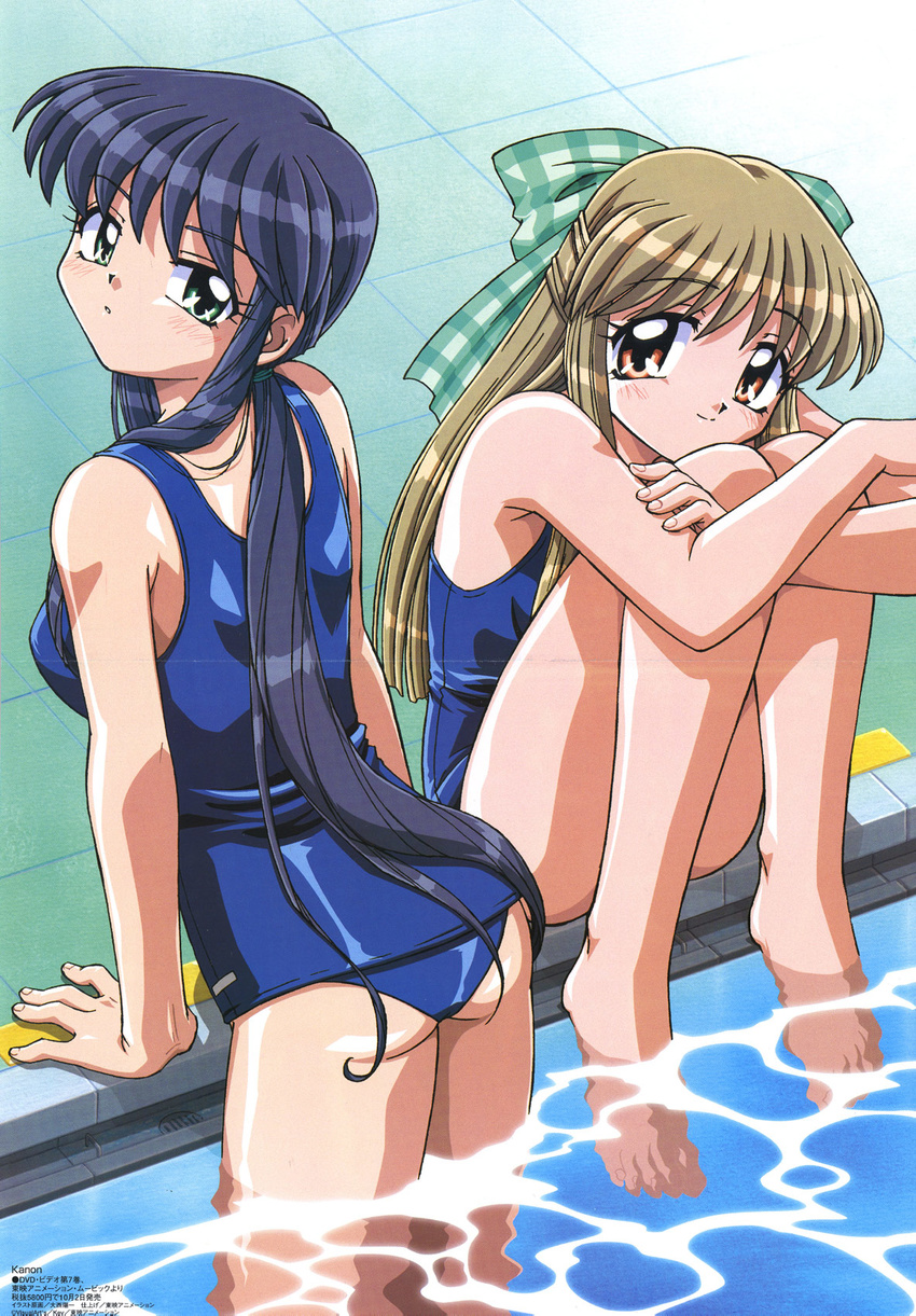 :o armpits ass bangs barefoot blue_hair blush bow brown_hair crease crossed_arms feet friends green_eyes hair_bow highres kanon kawasumi_mai knees_to_chest kurata_sayuri leaning_forward leg_hug long_hair looking_at_viewer looking_back megami multiple_girls official_art one-piece_swimsuit oonishi_youichi open_mouth orange_eyes plaid ponytail pool poolside scan school_swimsuit scrunchie sidelocks sitting smile soaking_feet swimsuit tile_floor tiles very_long_hair wading water