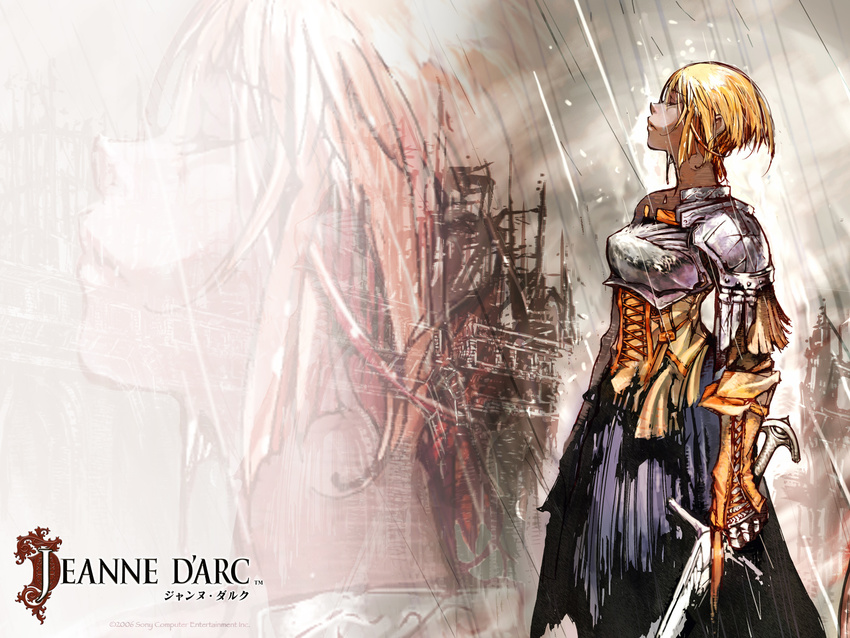 armor blonde_hair concept_art corset highres jeanne_d'arc_(game) jeanne_d'arc_(jeanne_d'arc_(game)) real_life real_life_insert solo sword weapon