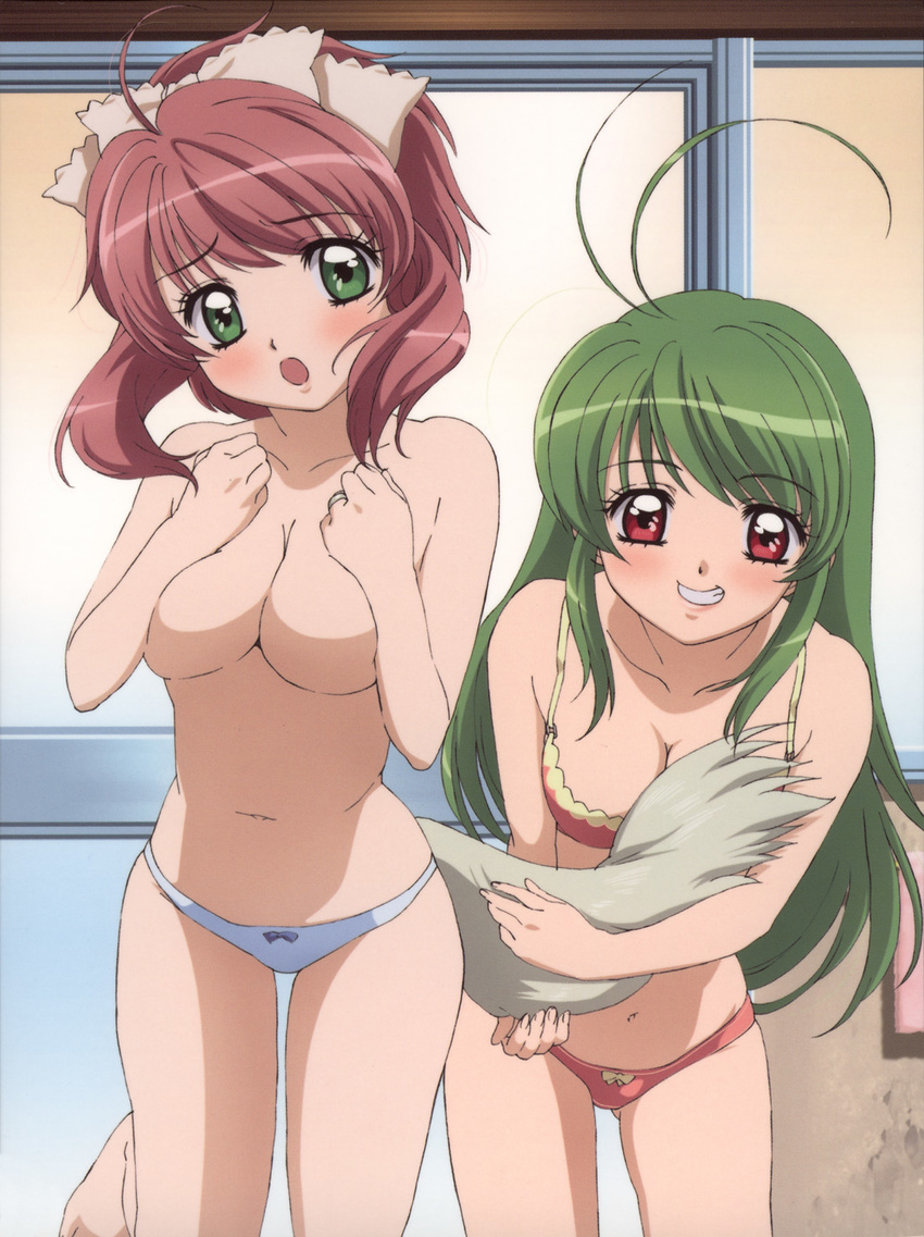 :o ahoge antenna_hair artist_request barefoot blue_panties blush bow bow_panties bra breasts cleavage covering covering_breasts embarrassed feet green_eyes green_hair grin hair_ribbon highres holding_another's_tail inukami! large_breasts leg_up lingerie long_hair multiple_girls nadeshiko_(inukami) naughty_face navel official_art open_mouth panties pink_hair print_bra red_bra red_eyes red_panties ribbon scan short_hair smile standing surprised tail tail_grab topless underwear underwear_only very_long_hair youko_(inukami)