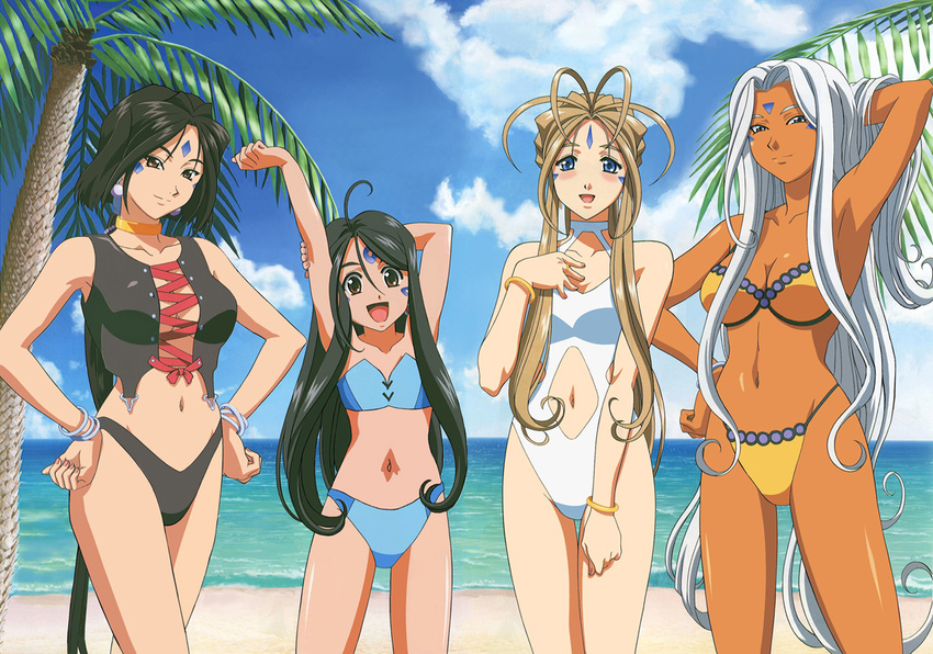 90s :d aa_megami-sama aa_megami-sama:_sorezore_no_tsubasa age_difference ahoge antenna_hair arm_up armpits bangs beach belldandy bikini black_bikini black_hair blue_eyes blue_sky blue_swimsuit blush bracelet breasts brown_eyes brown_hair casual_one-piece_swimsuit child cleavage cleavage_cutout clenched_hand clenched_hands cloud cross-laced_clothes crossed_legs dark_skin day detexted duplicate earrings facial_mark flat_chest forehead_mark hair_between_eyes halterneck hand_behind_head hand_in_hair hand_on_own_chest hands_on_hips holding_arm jewelry light_smile lineup long_hair looking_at_viewer low_ponytail medium_breasts multiple_girls navel navel_cutout neck_ring ocean official_art one-piece_swimsuit open_mouth orange_swimsuit outdoors palm_tree peorth ponytail satou_michio scan short_hair sidelocks skuld sky small_breasts smile standing strapless stretch string_bikini swimsuit tankini thigh_gap third-party_edit tree urd very_long_hair water white_hair white_swimsuit wide_hips