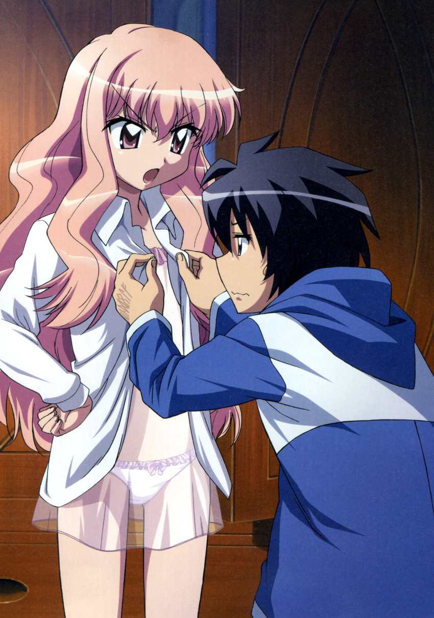 1girl artist_request blouse bow bow_panties frilled_panties frills hands_on_hips hetero highres hiraga_saito lingerie long_hair long_sleeves louise_francoise_le_blanc_de_la_valliere negligee open_clothes open_shirt panties pink_eyes pink_hair pink_panties shirt standing underwear zero_no_tsukaima