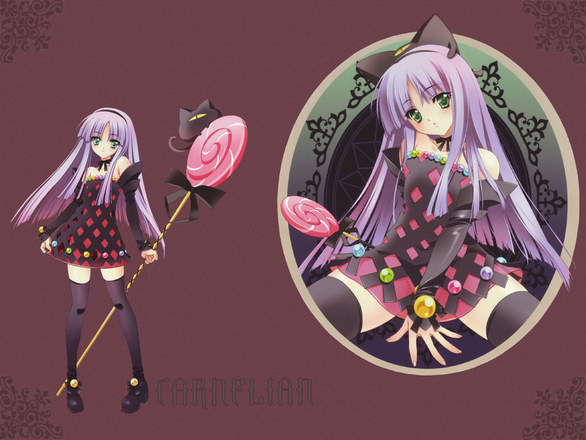 carnelian dress green_eyes lollipop long_hair purple_hair ribbons thigh-highs