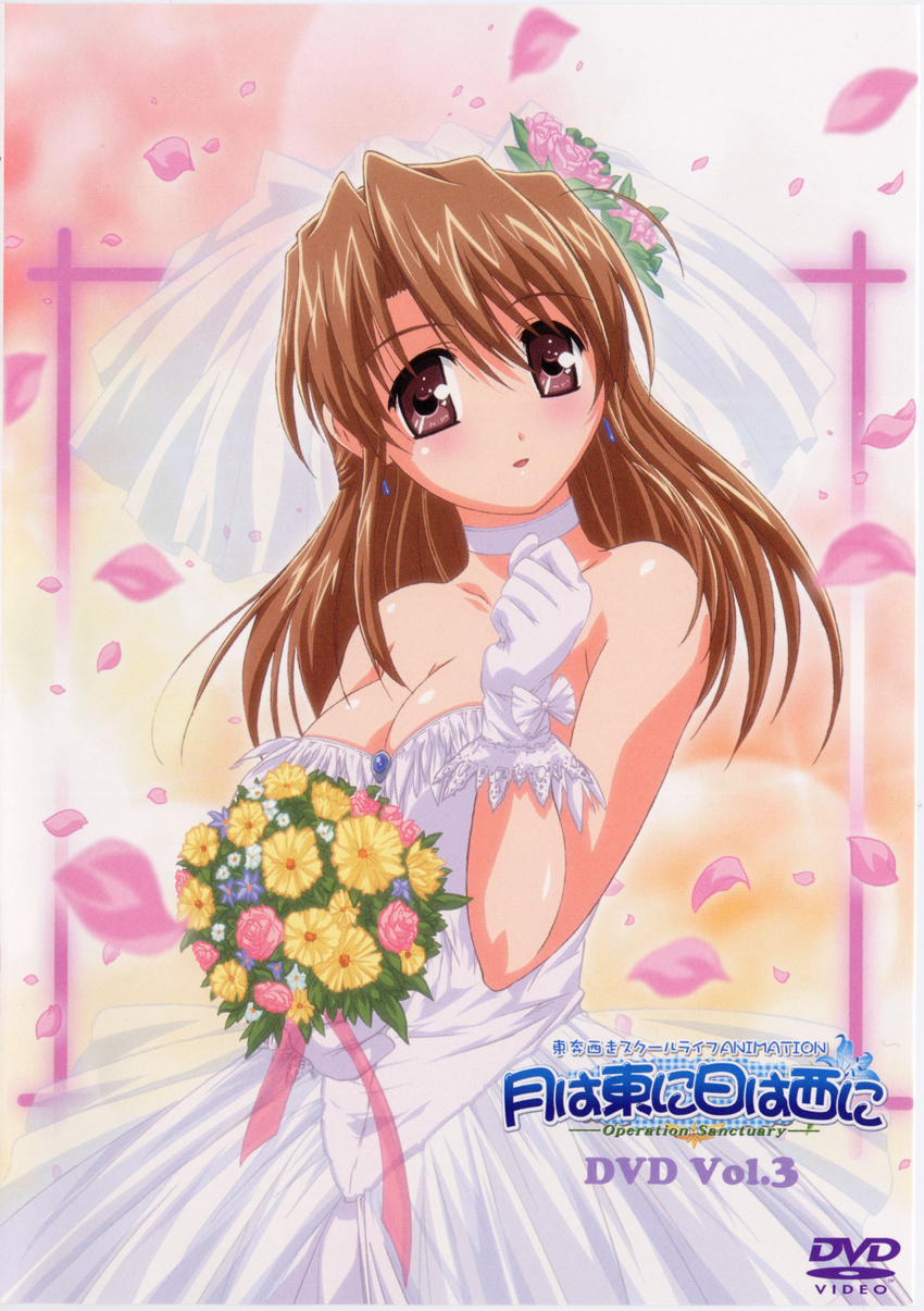 absurdres artist_request bouquet bridal_veil bride brown_hair choker cover dress dvd_cover earrings flower fujieda_honami gloves highres jewelry lace long_hair petals red_eyes rose solo tsuki_wa_higashi_ni_hi_wa_nishi_ni veil wedding_dress