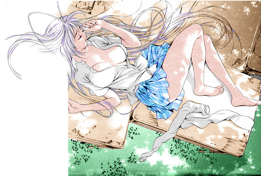antenna_hair barefoot breasts closed_eyes desk feet from_above grass large_breasts legs long_hair lying natsume_maya nature no_bra official_art on_back oogure_ito open_clothes open_shirt outdoors plaid plaid_skirt pleated_skirt purple_hair school_uniform shirt skirt sleeping solo tenjou_tenge thighhighs toes very_long_hair white_legwear