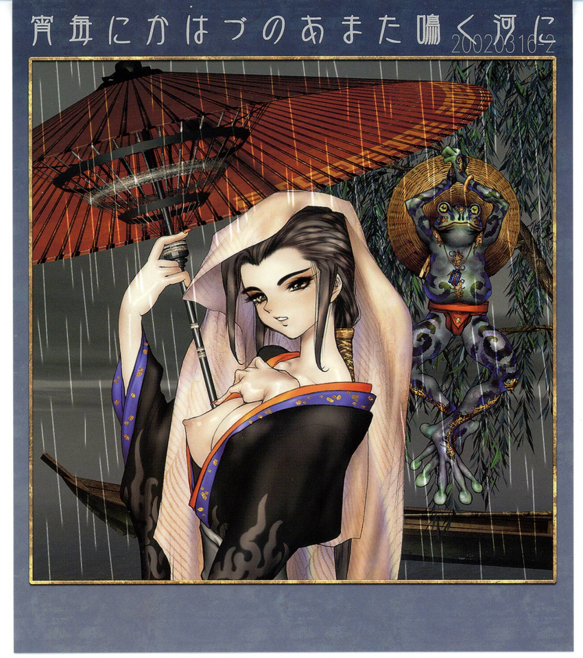 breasts frog highres large_breasts long_sleeves nipples oriental_umbrella original shirou_masamune solo translation_request umbrella