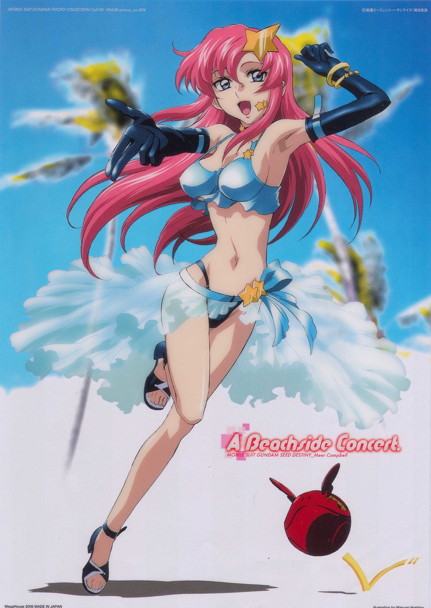 :d absurdres bikini black_gloves elbow_gloves gloves gundam gundam_seed gundam_seed_destiny hair_ornament highres hoshino_masumi long_hair meer_campbell navel official_art open_mouth pink_hair scan smile solo star star_hair_ornament swimsuit