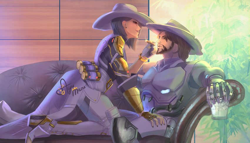 1boy 1girl alcohol ashe_(overwatch) ayumaou beard black_nails boots breastplate brown_hair chaps cigar couch cowboy_hat day drink earrings facial_hair girl_on_top glass hat hetero jewelry knee_pads looking_at_another mccree_(overwatch) mechanical_arm nail_polish overwatch recliner red_eyes short_hair shoulder_armor silver_hair skull_earrings smoking spaulders thigh_boots thighhighs