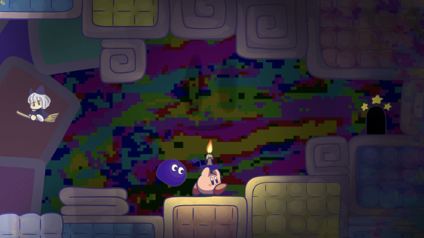 1girl bob_cut broom broom_riding candle candlestand carrying flying futon gooey highres keke_(kirby) kirby kirby_(series) nintendo running suyabi_(subikabi1426zoy) witch