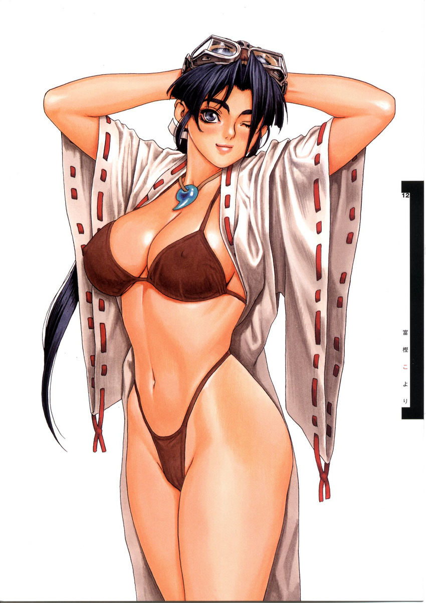 arms_behind_head arms_up bangs bikini bikini_under_clothes blue_eyes blue_hair blush breasts cleavage covered_nipples goggles goggles_on_head groin hair_ribbon highleg highleg_bikini highleg_swimsuit highres japanese_clothes jewelry kimono koyori large_breasts lips lipstick long_hair long_sleeves looking_at_viewer magatama makeup miko navel necklace official_art one_eye_closed open_clothes open_kimono parted_bangs ponytail pose ribbon ribs scan see-through sengoku_ace sengoku_blade short_hair simple_background smile solo standing string_bikini swimsuit swimsuit_under_clothes thick_thighs thighs toned traditional_media tsukasa_jun very_long_hair white_background wide_sleeves