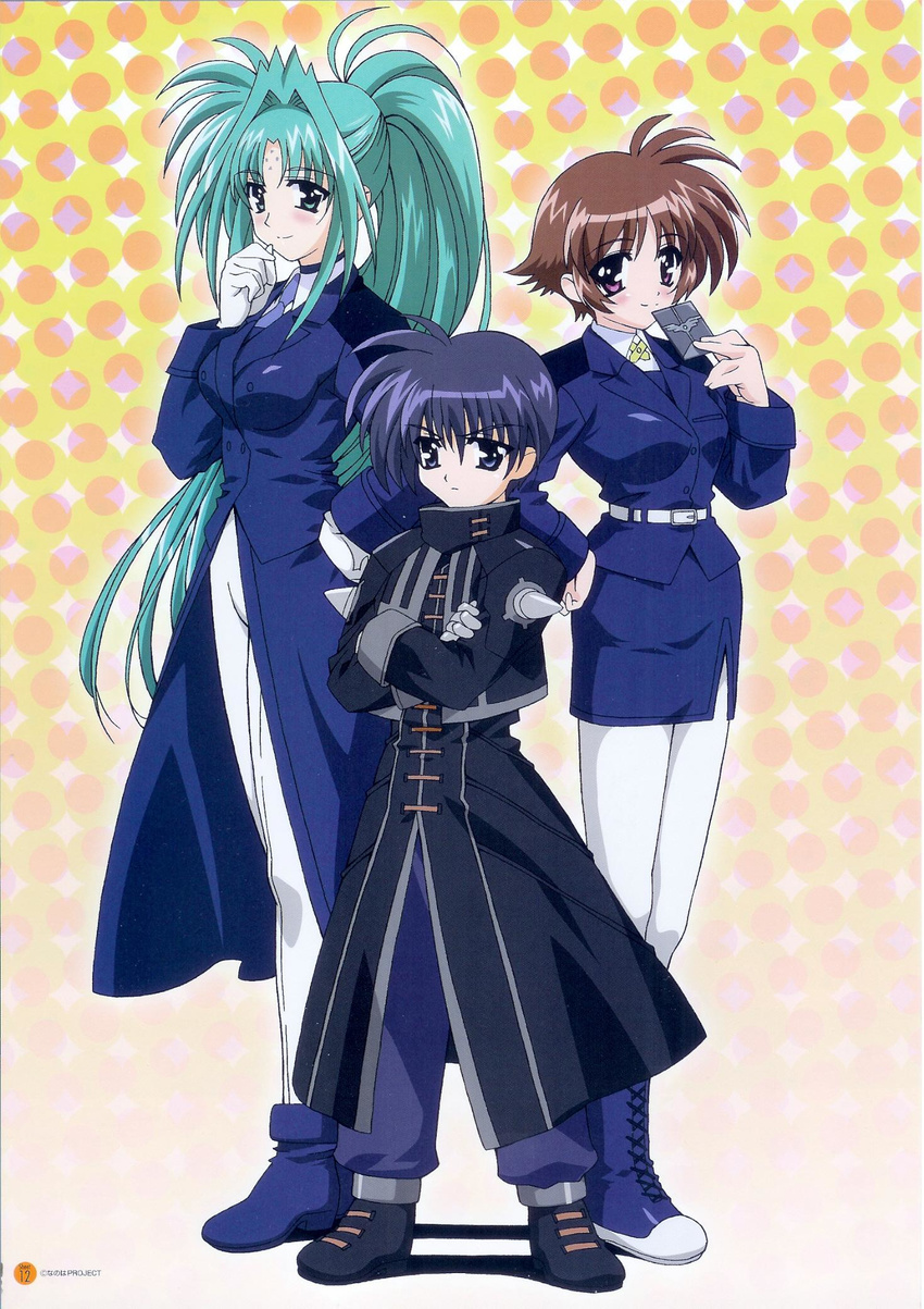 amy_limiette artist_request chrono_harlaown coat cropped_jacket crossed_arms facial_mark forehead_mark gauntlets highres jacket lindy_harlaown long_sleeves lyrical_nanoha magical_boy mahou_shoujo_lyrical_nanoha military military_uniform mother_and_son multiple_girls open_clothes open_jacket pants pantyhose s2u shoulder_spikes spikes tsab_naval_military_uniform uniform white_legwear