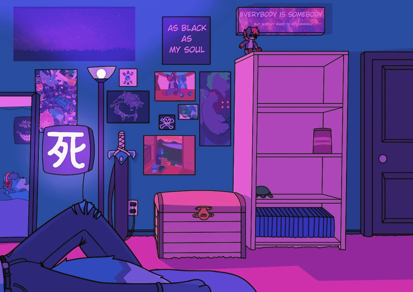 anthro bed blue_fur book canid canine canis carpet clothed clothing digital_media_(artwork) doll door fox fur guitar headphones hybrid lamp lying mammal melee_weapon mirror musical_instrument mylimo neon_lights on_back plushie poster shelf sword thatboi_limo topless weapon wolf