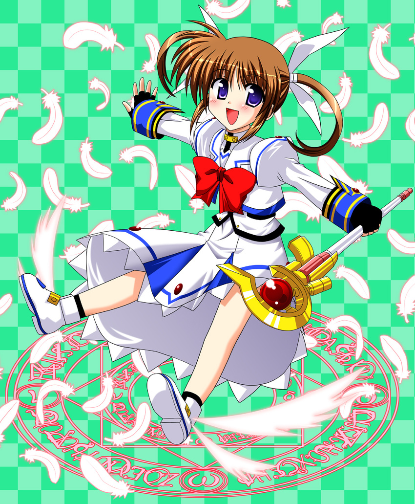 bow checkered checkered_background feathers fingerless_gloves gloves green_background happy highres lask long_sleeves lyrical_nanoha magazine_(weapon) magic_circle magical_girl mahou_shoujo_lyrical_nanoha mahou_shoujo_lyrical_nanoha_a's octagram purple_eyes raising_heart red_bow red_hair shoes solo star_of_lakshmi takamachi_nanoha twintails winged_shoes wings