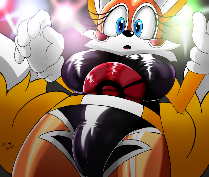 alternate_costume anthro big_breasts blue_eyes breasts camel_toe canid canine clothing cosplay costume crossgender fangs female fox fur gloves jumpjump mammal miles_prower multi_tail sonic_(series) tight_clothing video_games yellow_fur