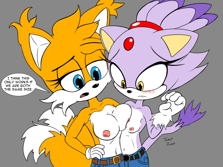 2019 absurd_res anthro asymmetrical_docking big_breasts blaze_the_cat blue_eyes blush breast_size_difference breast_squish breasts canid canine clothed clothing crossgender dipstick_tail female fox fur hand_on_hip hi_res jumpjump mammal miles_prower multi_tail multicolored_fur multicolored_tail navel nipples simple_background small_breasts sonic_(series) topless two_tone_fur yellow_eyes