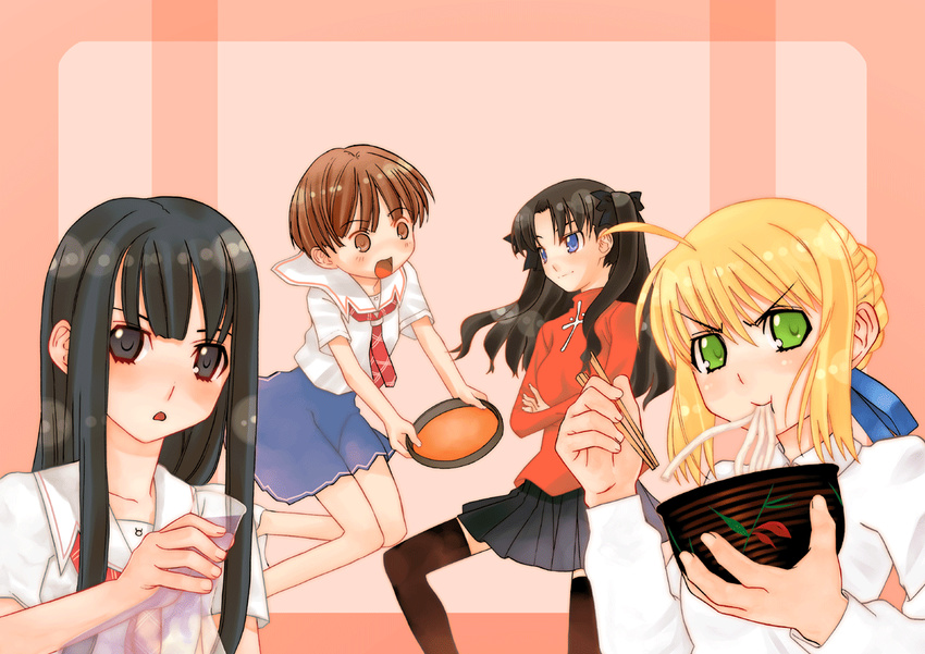 artoria_pendragon_(all) blonde_hair blouse crossover fate/stay_night fate_(series) futami_eriko kimi_kiss long_sleeves multiple_girls okina_ika saber satonaka_narumi thighhighs toosaka_rin turtleneck