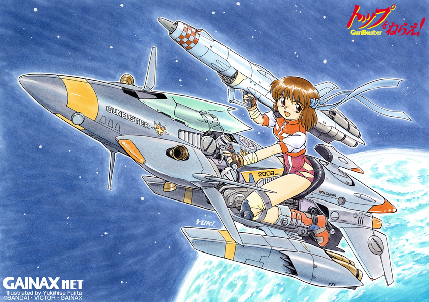 2003 80s bazooka cannon earth english fingerless_gloves fujita_yukihisa gainaxtop gloves gunbuster hover_bike leotard oldschool orbit purple_leotard rocket_launcher science_fiction solo space space_craft star_(sky) takaya_noriko top_wo_nerae! traditional_media weapon