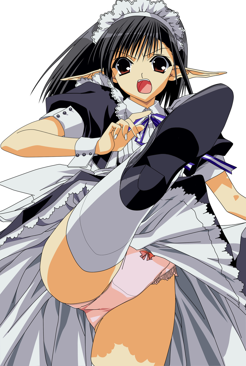 absurdres armband black_hair bow bow_panties brown_eyes high_heels highres kicking lace lace_panties long_pointy_ears maid maid_headdress official_art panties pantyshot pink_panties pointy_ears sage_(tick!_tack!) shoes shuffle! solo suzuhira_hiro thighhighs tick!_tack! underwear vector_trace white_legwear wristband