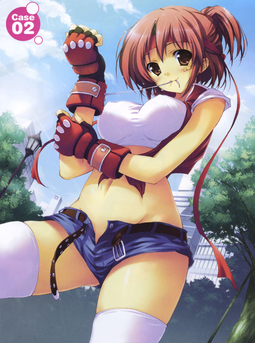 bandaid bandaid_on_face bangs belt breasts brown_eyes buckle building cloud copyright_request covered_nipples cowboy_shot day denim denim_shorts fingerless_gloves gloves headband highres lamppost large_breasts looking_at_viewer midriff mouth_hold navel open_fly scan short_shorts shorts sky smile solo thighhighs tomose_shunsaku tree unzipped white_legwear zipper