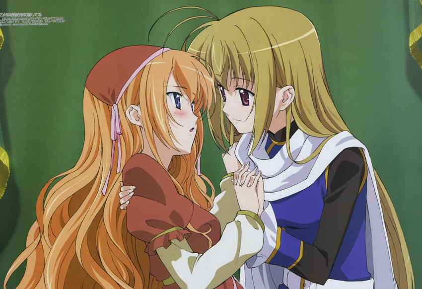 1girl antenna_hair belt blonde_hair blue_eyes blush cape eye_contact hat highres holding_hands hug imminent_kiss itsukushima_takako long_hair long_sleeves looking_at_another magazine_scan megami miyanokouji_mizuho non-web_source official_art open_mouth orange_hair otoko_no_ko otome_wa_boku_ni_koishiteru purple_eyes scan shimazawa_noriko smile turtleneck very_long_hair wavy_hair