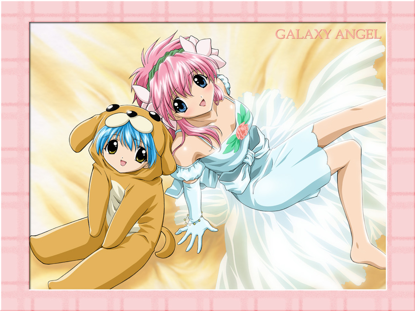 :d animal_costume barefoot blue_eyes blush cosplay dog_costume dress flower galaxy_angel hairband lipstick long_hair makeup milfeulle_sakuraba mint_blancmanche multiple_girls non-web_source open_mouth pink_hair smile