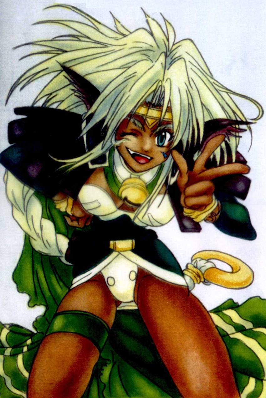 aisha_clanclan animal_ears artist_request bell bell_collar blonde_hair blue_eyes bracelet breasts cat_ears circlet cleavage collar dark_skin facial_mark fang hair_ornament hand_on_hip highres jewelry jingle_bell large_breasts leaning_forward long_hair one_eye_closed outlaw_star scarf silver_hair solo thigh_strap v very_long_hair