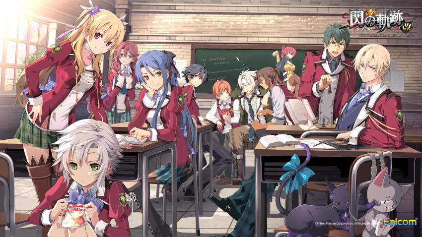 5girls 6+boys absurdres ahoge alisa_reinford arm_around_shoulder bag bell bell_collar belt black_footwear black_hair blonde_hair blue_eyes blue_hair blue_neckwear book boots bow bowtie braid breasts brown_footwear brown_hair brown_legwear card cat celine_(sen_no_kiseki) chair chalkboard chess_piece chessboard classroom cleavage coat collar collared_shirt copyright_name cross-laced_footwear crow_armbrust day desk dress eiyuu_densetsu eliot_craig emma_millstein enami_katsumi eyebrows_visible_through_hair eyes_closed feathers fie_claussell food gaius_worzel glasses green_eyes green_hair green_neckwear hair_between_eyes hair_bow hair_feathers hair_ribbon hairband hand_on_own_cheek headband highres jusis_albarea large_breasts laura_s._arzeid legs_crossed long_sleeves looking_at_another looking_at_viewer machias_regnitz medium_breasts miniskirt mishy multiple_boys multiple_girls necktie notebook official_art on_desk orange_eyes orange_hair pants plaid plaid_skirt plastic_bag playing_card ponytail puffy_long_sleeves puffy_sleeves purple_eyes purple_hair rean_schwartzer red_eyes red_hair ribbon sara_valestein school_uniform scowl sen_no_kiseki shirt shoes short_dress silver_hair sitting sitting_on_desk skirt small_breasts smile spiked_hair standing stuffed_animal stuffed_cat stuffed_toy sunlight tail tail_ribbon thigh_boots thighhighs turtleneck vest watermark window yellow_eyes