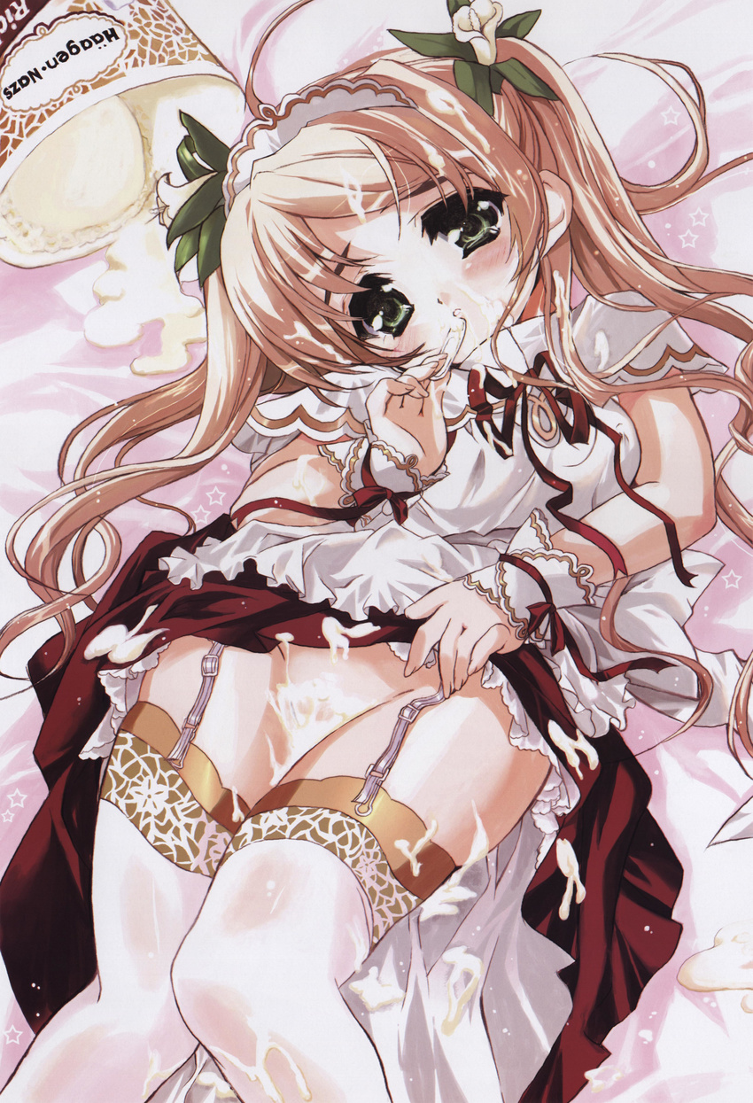 absurdres ahoge bed blonde_hair blush censored convenient_censoring dessert dress dress_lift flower food frills garter_belt girl's_avenue green_eyes hair_flower hair_ornament highres ice_cream long_hair lying maid megami messy ribbon sexually_suggestive shaa solo thighhighs twintails