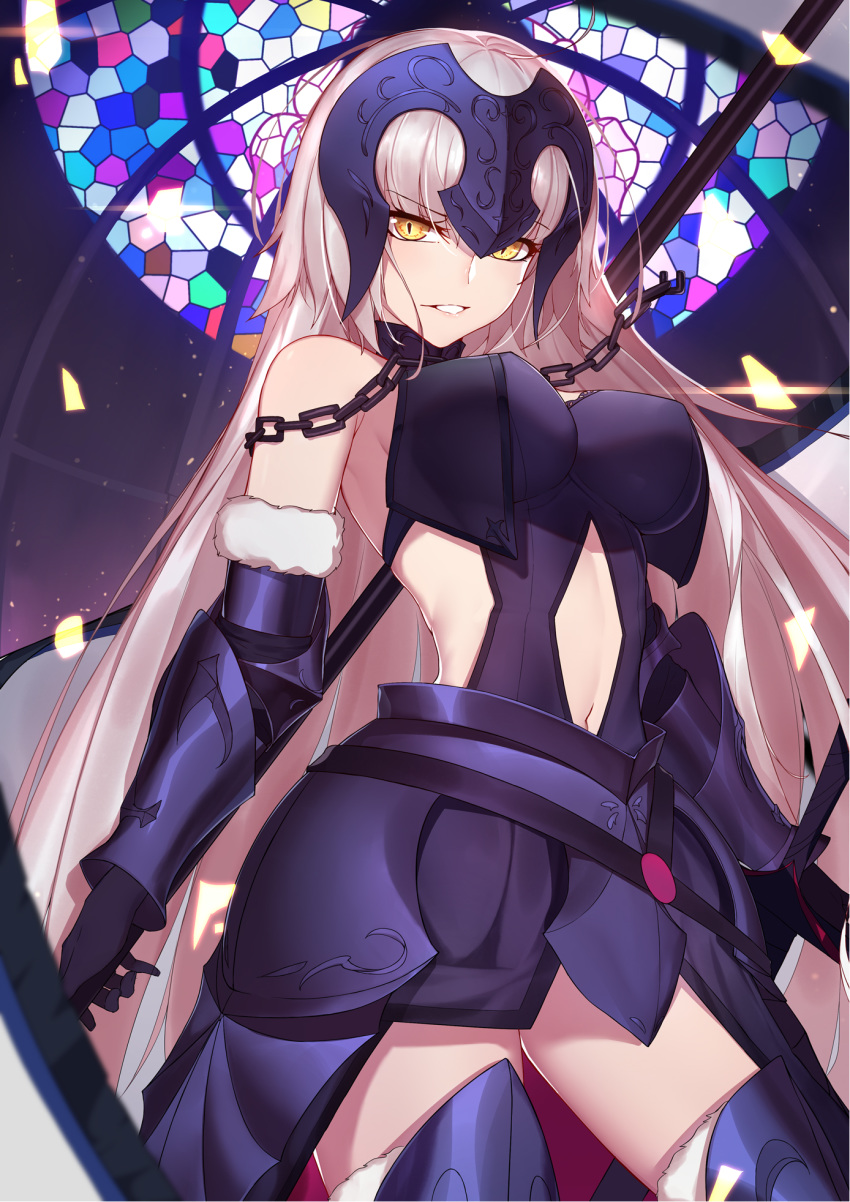 1girl armor bare_shoulders black_gloves breasts chains elbow_gloves eyebrows_visible_through_hair fate/grand_order fate_(series) flag fur_trim gauntlets gloves greaves grin helmet highres jeanne_d'arc_(alter)_(fate) jeanne_d'arc_(fate)_(all) langya_beike long_hair looking_at_viewer navel sheath sheathed silver_hair smile solo stained_glass sword thighhighs very_long_hair weapon yellow_eyes