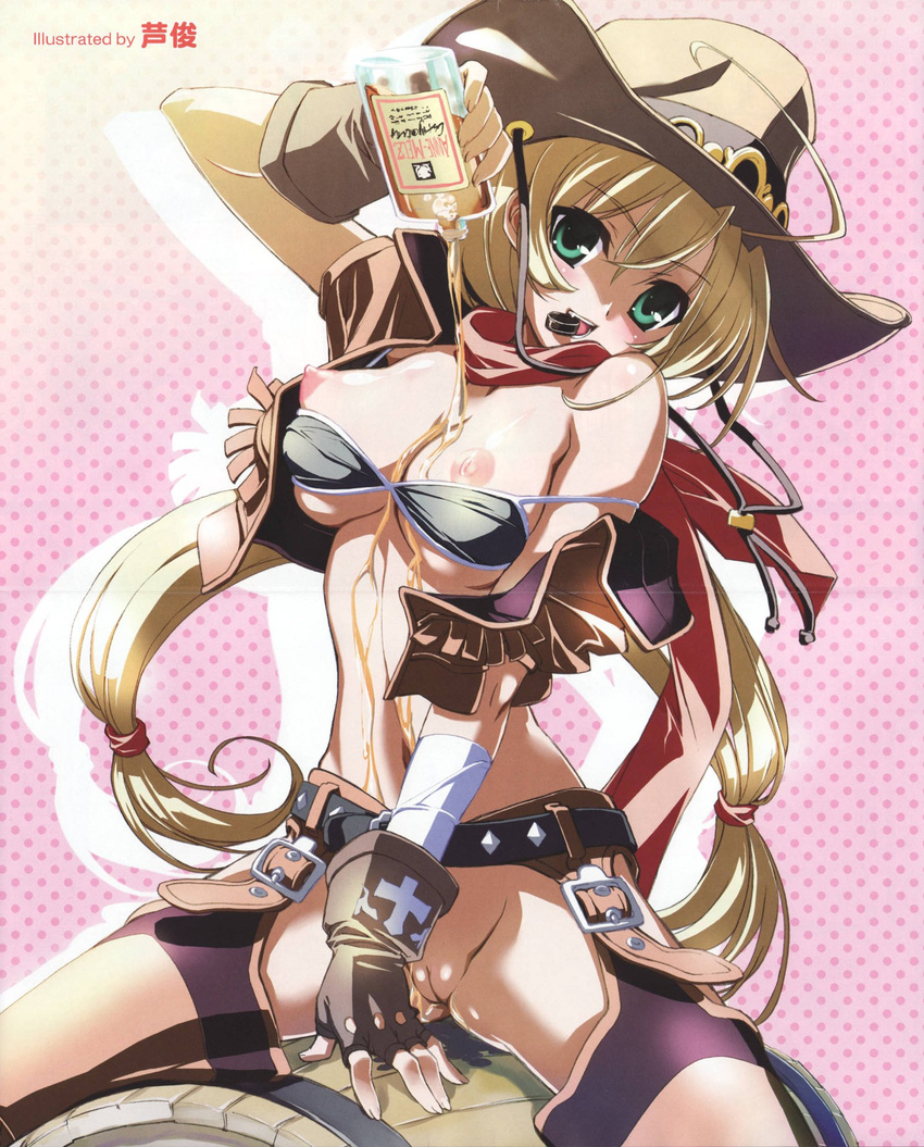 alcohol ashishun barrel beer belt bikini_top blonde_hair blush bottle breasts chaps copyright_request cowboy_hat fingerless_gloves fringe_trim gloves green_eyes hat head_tilt highres large_breasts long_hair messy mouth_hold navel nipples no_panties off_shoulder pussy scan scarf sitting solo spill straddling strap_slip twintails uncensored very_long_hair western