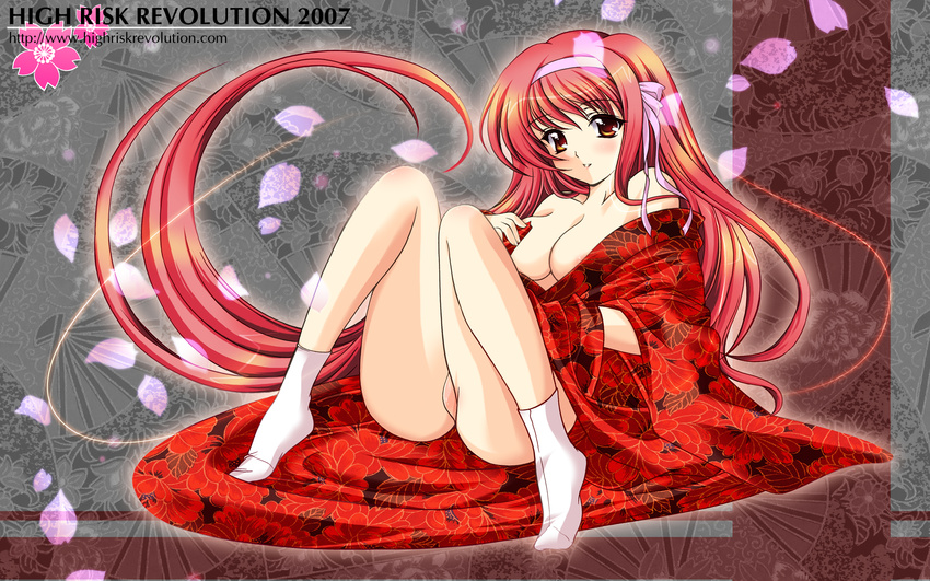2007 aizawa_hiroshi breasts copyright_request highres japanese_clothes kimono large_breasts long_sleeves lying new_year open_clothes open_robe robe sitting smile solo tabi wallpaper