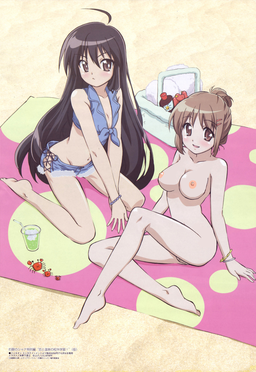 :&lt; :d :x ahoge alternate_hairstyle ass bare_shoulders barefoot basket beach beads black_hair blush bottle bracelet breast_squeeze breasts brown_eyes brown_hair cleavage crab crop_top cup cutoffs denim denim_shorts drink drinking_straw front-tie_top groin hair_bun hair_ornament hairclip hands_together highres ice ice_cube jewelry kinoshita_sumie kneeling large_breasts legs long_hair looking_at_viewer lowleg megami midriff multiple_girls navel nipples no_panties non-web_source nude nude_filter official_art open_mouth outdoors own_hands_together polka_dot public_nudity pussy ribbon scan shakugan_no_shana shana shirt short_hair short_shorts shorts sitting sleeveless sleeveless_shirt small_breasts smile third-party_edit towel toy uncensored v_arms very_long_hair wariza yoshida_kazumi