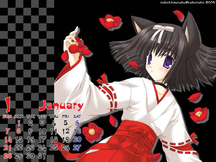 2007 animal_ears black_background black_hair calendar_(medium) camellia cat_ears checkered checkered_background choker closed_mouth copyright_request expressionless flower hair_ribbon hakama highres january japanese_clothes long_sleeves miko nekoneko petals purple_eyes red_hakama ribbon ribbon-trimmed_sleeves ribbon_trim solo white_ribbon