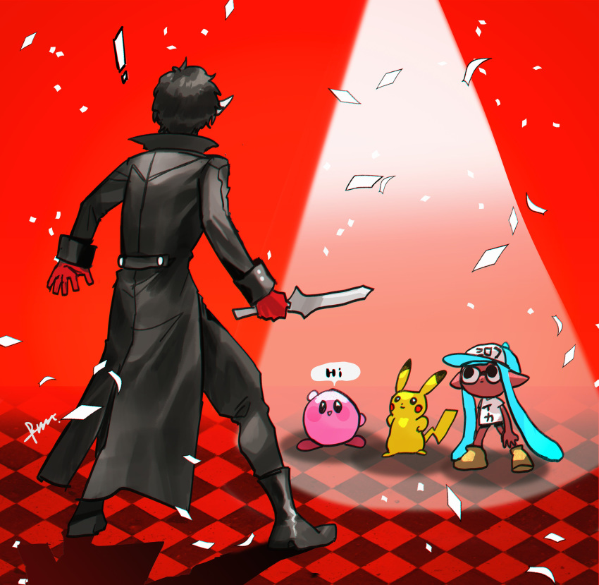 ! 1boy 1girl absurdres amamiya_ren arm_up black_footwear black_hair black_pants boots btmr_game creatures_(company) game_freak gen_1_pokemon gloves highres inkling kirby kirby_(series) knife nintendo pants persona persona_5 pikachu pokemon pokemon_(creature) pokemon_(game) red_background red_gloves simple_background splatoon splatoon_(series) splatoon_1 spotlight super_smash_bros. super_smash_bros._ultimate surprised tile_floor tiles trench_coat