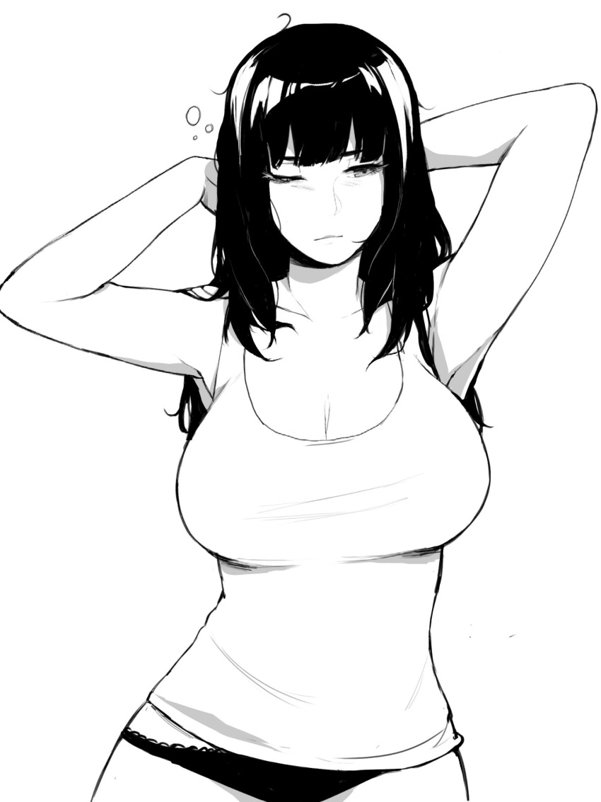 1girl breasts cleavage commentary english_commentary greyscale highres large_breasts long_hair messy_hair monochrome naoko_(9113419) no_pants one_eye_closed original panties simple_background sleepy solo standing stretch tank_top underwear upper_body white_background