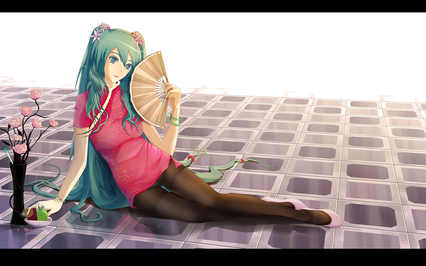 apple aqua_eyes aqua_hair arm_support artist_name bracelet china_dress chinese_clothes crotch_seam dress dxlsmax_(lizhimin) fan flower folding_fan food fruit hair_flower hair_ornament hatsune_miku high_heels ikebana jewelry letterboxed long_hair nail_polish panties panties_under_pantyhose pantyhose shoes sitting solo spring_onion striped striped_panties thighband_pantyhose tile_floor tiles twintails underwear vase very_long_hair vocaloid wallpaper yokozuwari