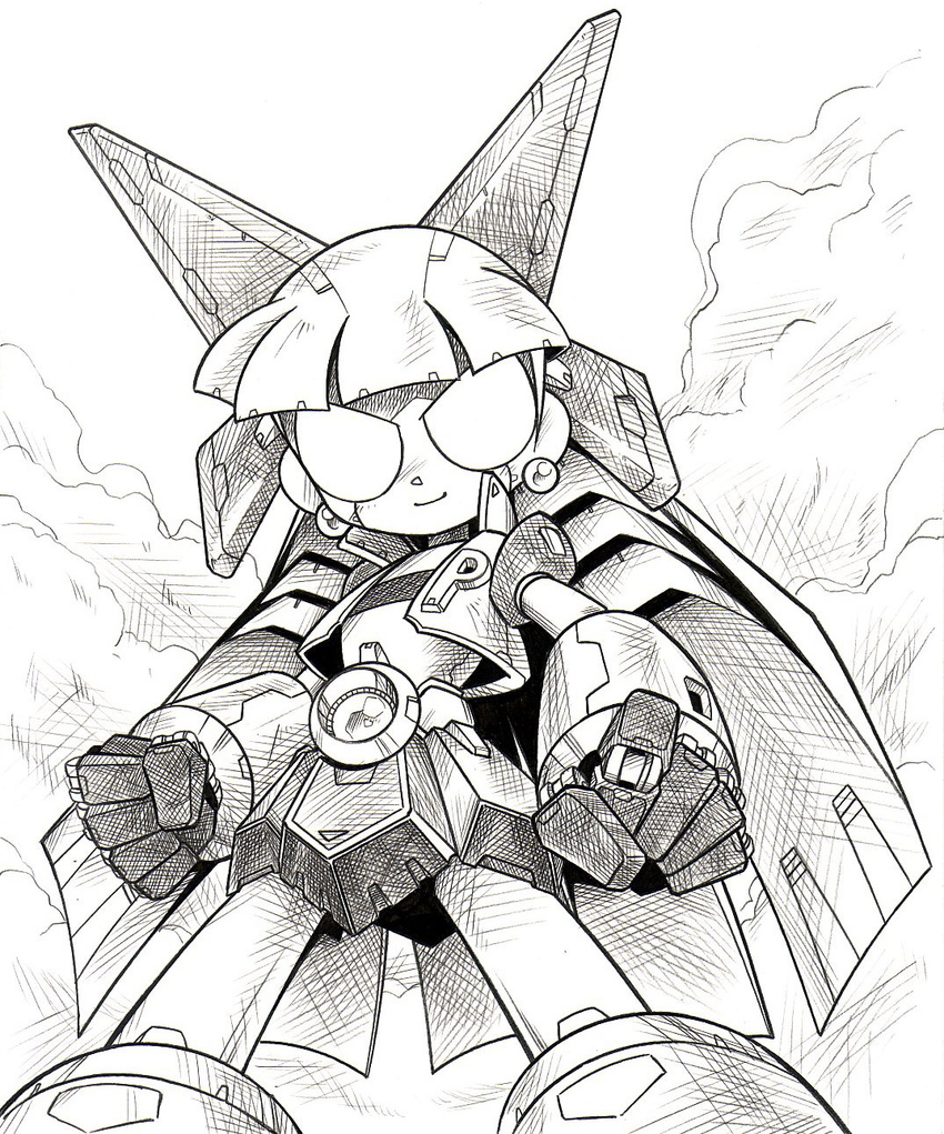 artist_request dynamo_z greyscale highres hyper_blossom mecha monochrome powerpuff_girls_z sketch solo