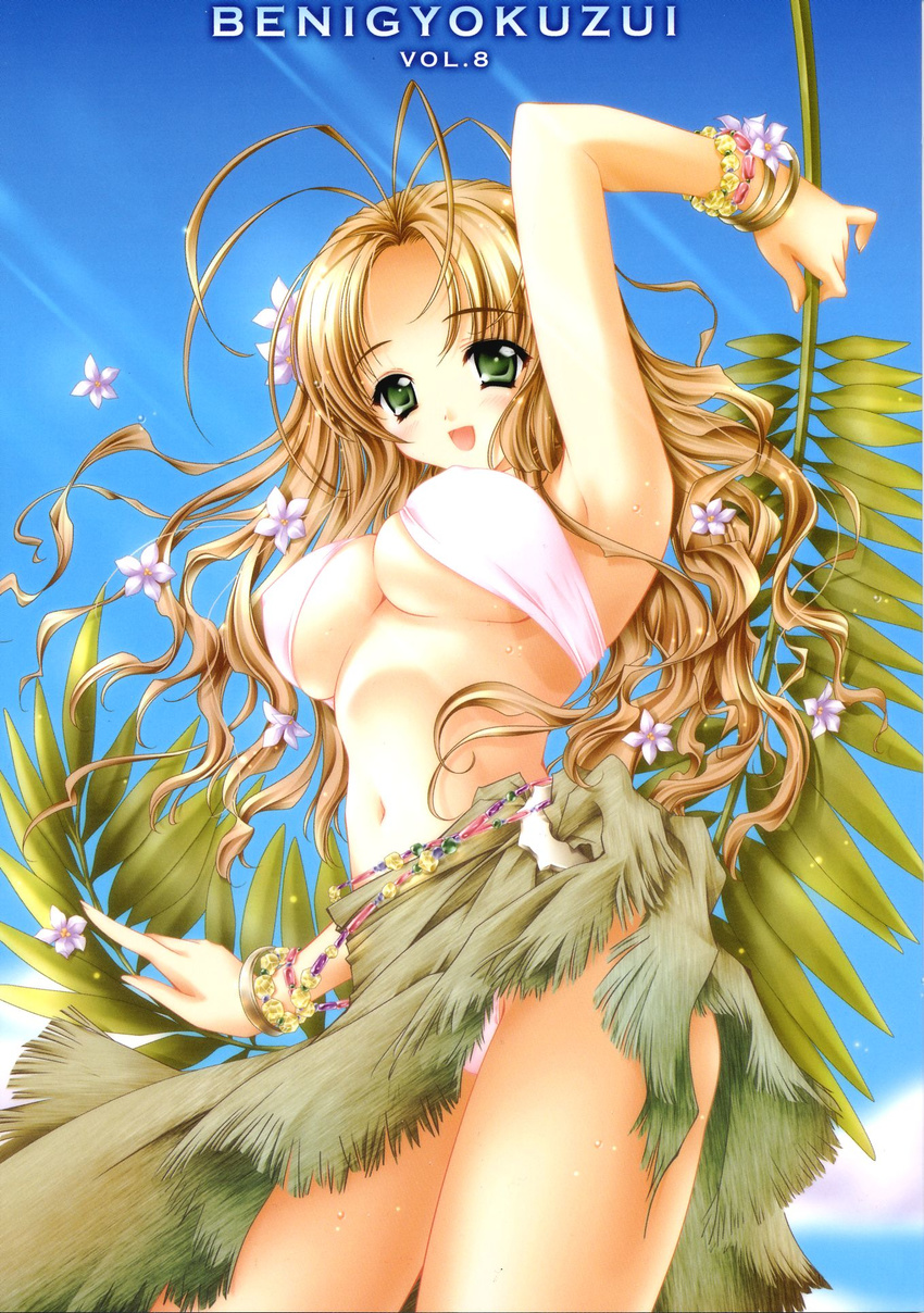 antenna_hair arm_up armpits belt bikini blush bracelet breasts brown_hair carnelian cloud copyright_request cover cover_page day doujinshi flower green_eyes green_sarong hair_flower hair_ornament highres jewelry large_breasts leaf long_hair navel non-web_source outdoors sarong skirt sky solo swimsuit underboob wet